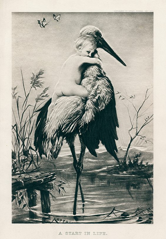 A Start in Life (baby carried by stork), 1899