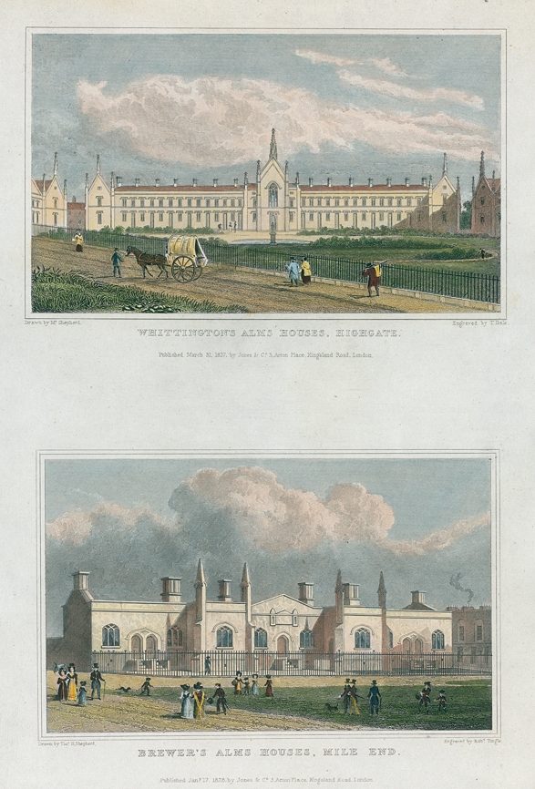 London Alms Houses, 2 views, 1831