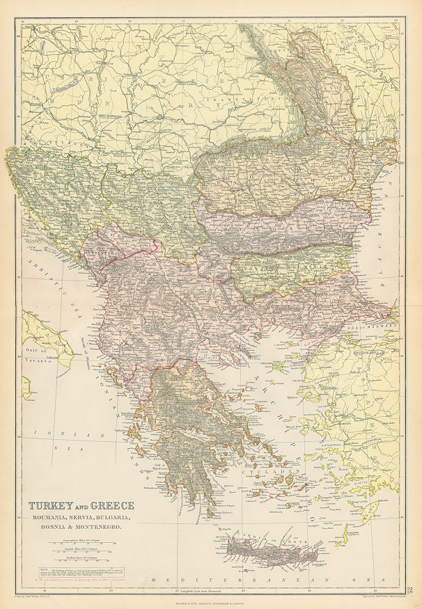 Balkans map (Greece, Turkey, Bulgariam Romania etc.), 1882