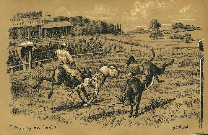 Horse racing, won by his heels, 1894