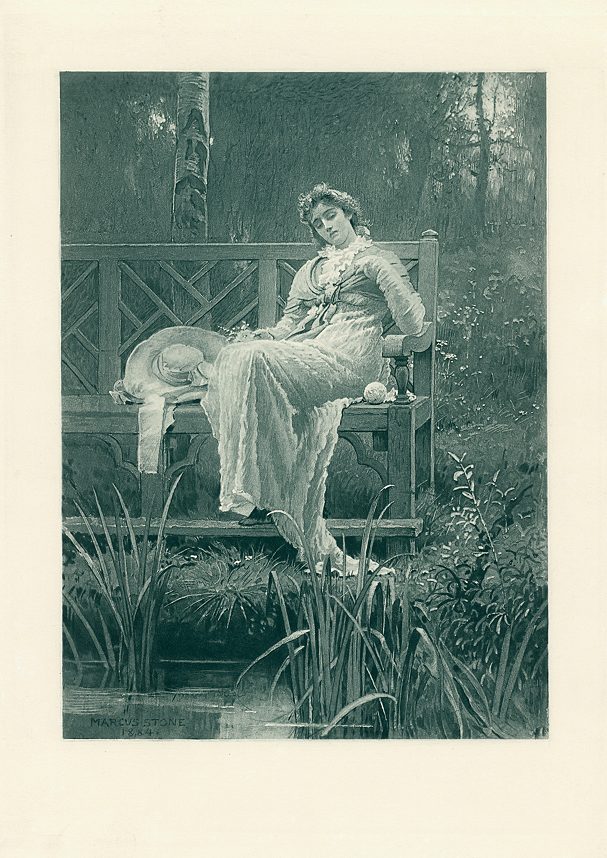 Woman reclining on a bench, after Marcus Stone, 1884
