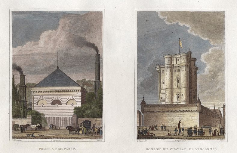 Paris, Pompe a Feu, Passy & Donjon du Chateau de Vincennes, 1840