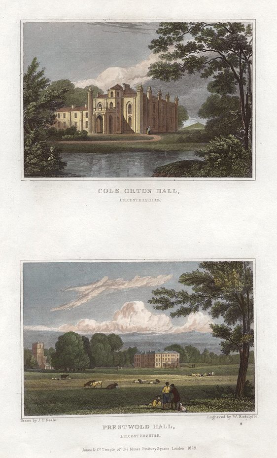 Leicestershire, Cole Orton Hall and Prestwold Hall (2 views), 1829