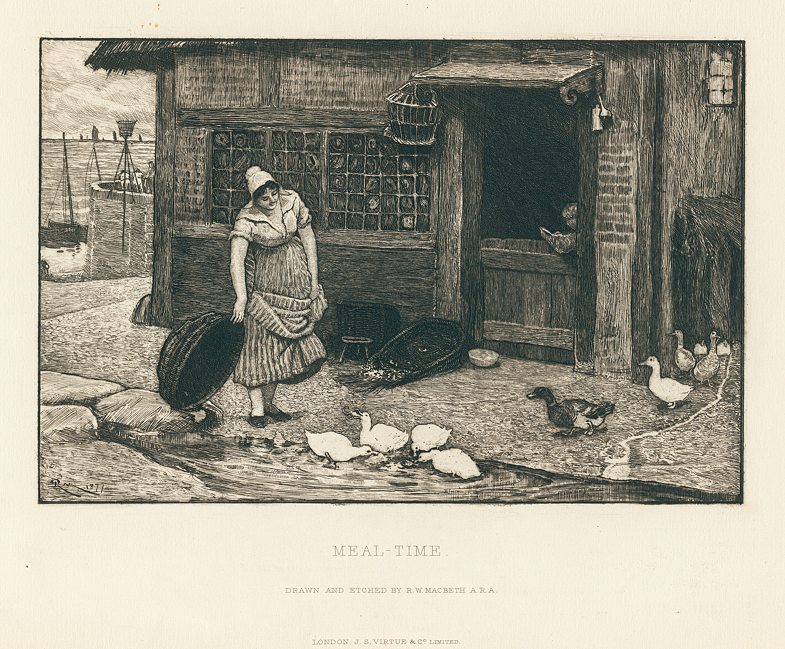Meal-Time (feeding ducks), etching by Robert W Macbeth, 1883