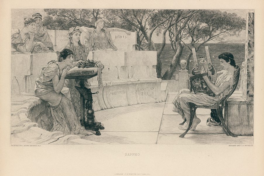 Sappho, etching after Alma Tadema, 1887