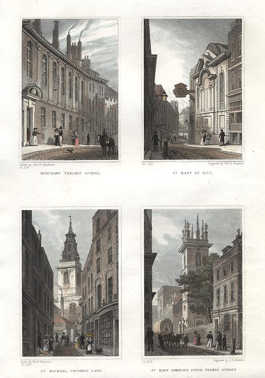 London, Merchant Tailor's School & three churches, 1831