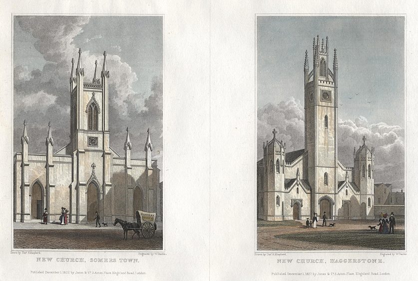 London, New Church, Somers Town & New Church, Haggerstone, 2 views, 1831