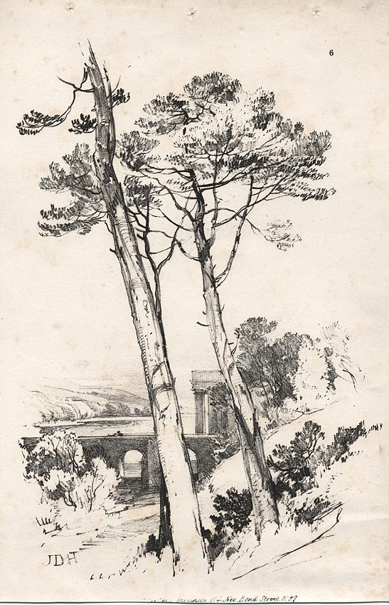 Trees & bridge, stone lithograph by J.D.Harding, 1827