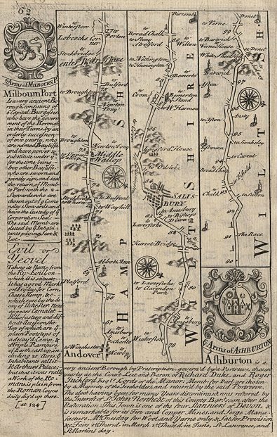 Wiltshire, route map with Andover, Middle Wallop & Salisbury, Owen / Bowen, 1764