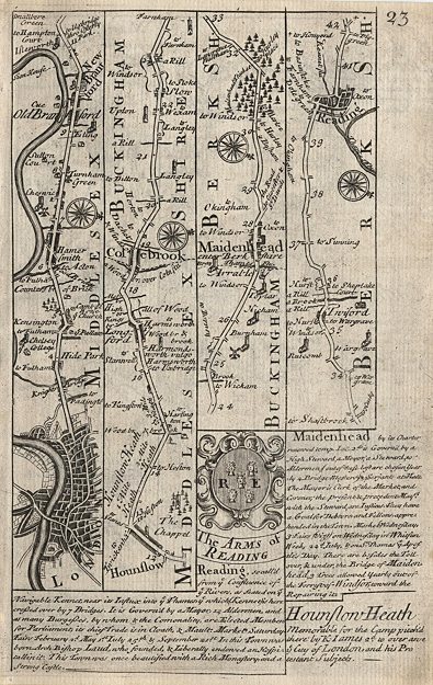 Middlesex, route map with London, Maidenhead and Reading, Owen / Bowen, 1764