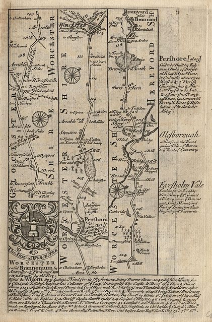 Worcs, route map with Pershore, Worcester and Bromyard, Owen / Bowen, 1764