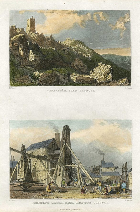 Cornwall, Carn-Breh near Redruth & Dolcoath Copper Mine, 2 views, 1832