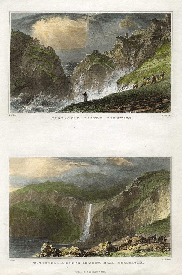 Cornwall, Tintagel Castle & Waterfall near Boscastle, 2 views, 1832
