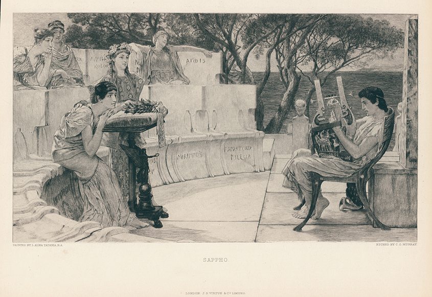 Sappho, etching after Alma Tadema, 1887