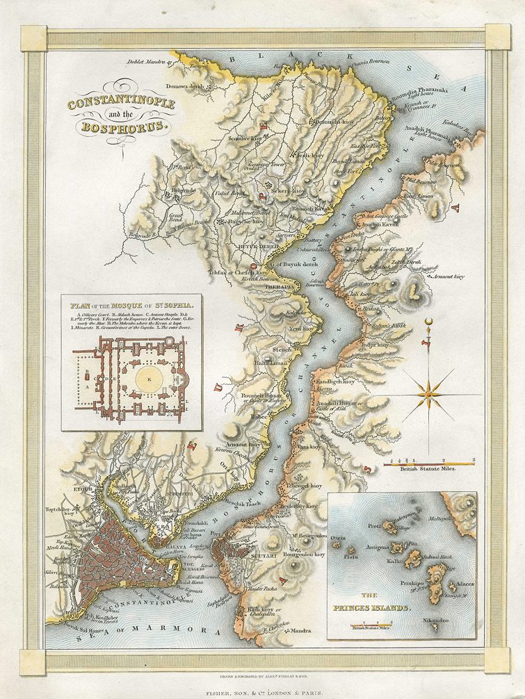 Turkey, Istanbul and Bosphorus map, 1838