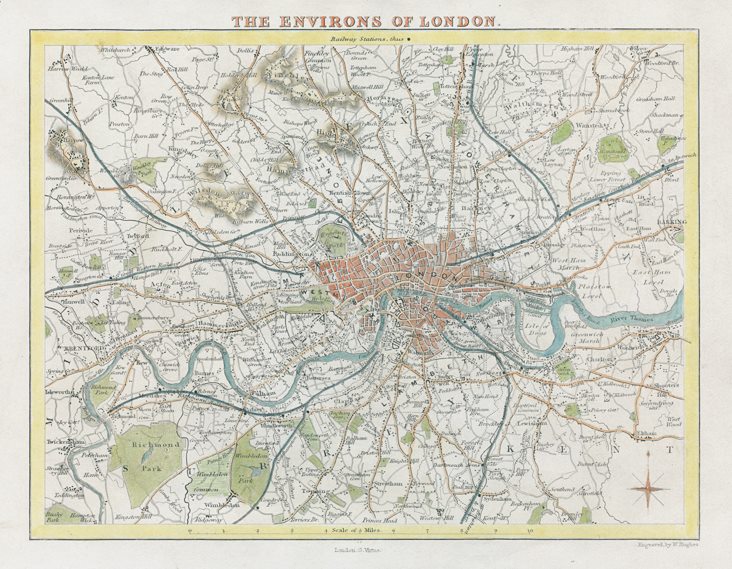 London and environs, Moule map, 1850