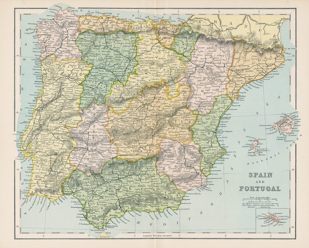 Spain & Portugal map, 1896