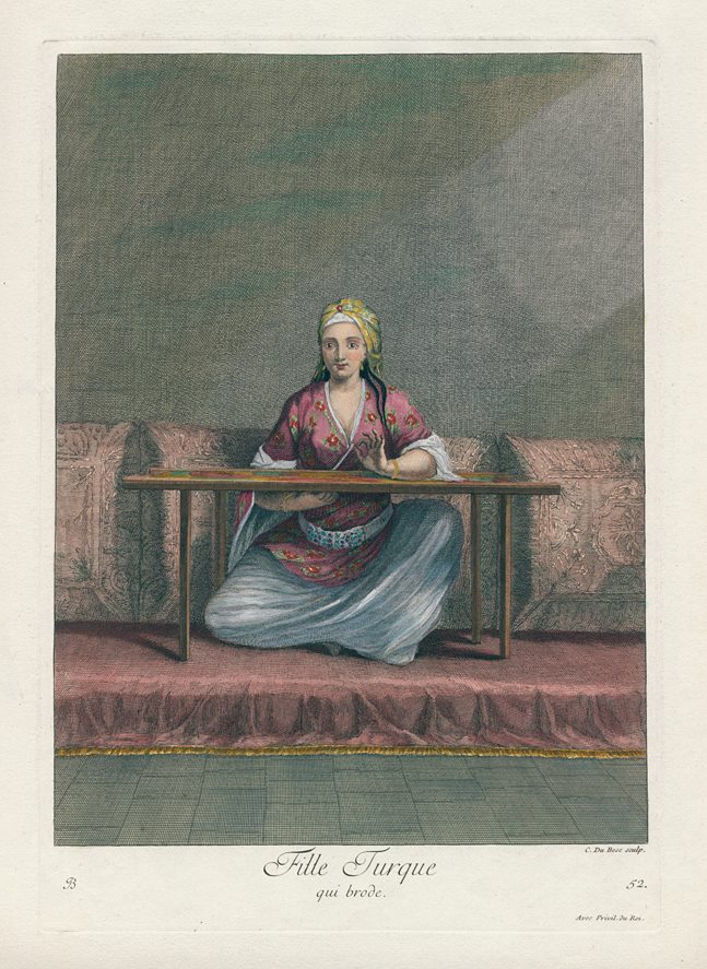 Turkey (Ottoman interest), Fille Turque qui brode, 1714