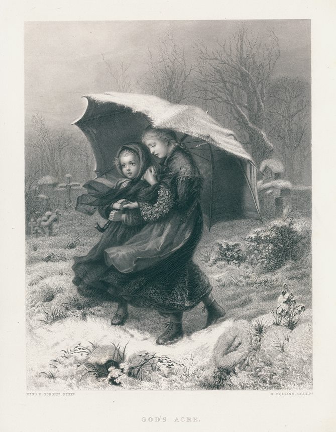 God's Acre, (girls in snow with umbrella),after Miss E.Osborn, 1868