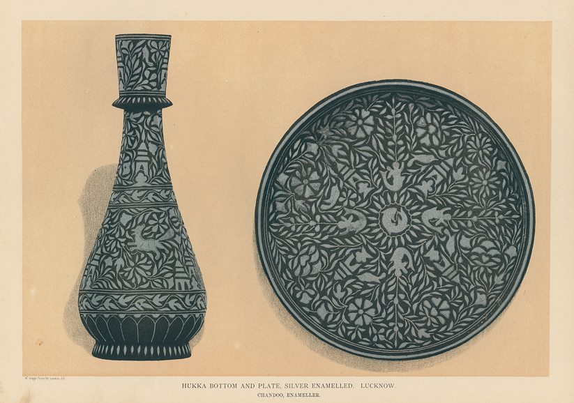 India, Hukka Bottom and plate, silver enamelled, from Lucknow, 1890
