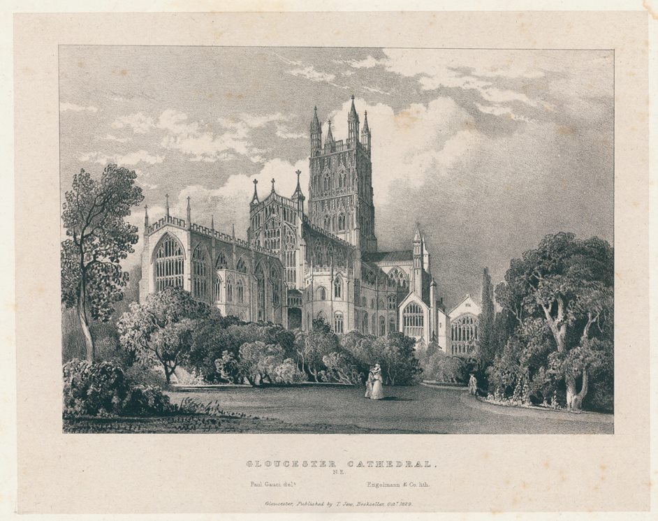 Gloucester Cathedral, stone lithograph, 1829