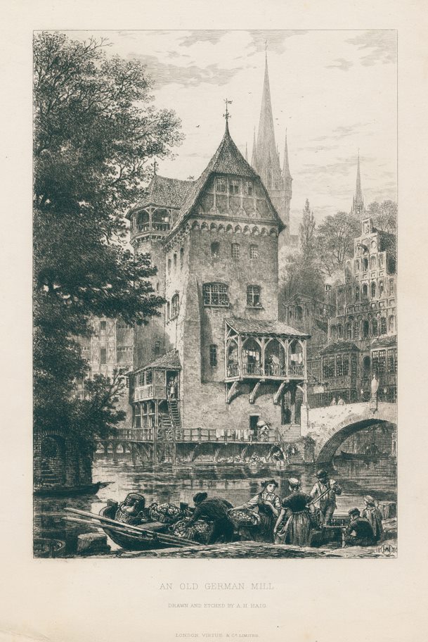 An Old German Mill, etching by Axel Haig, 1881