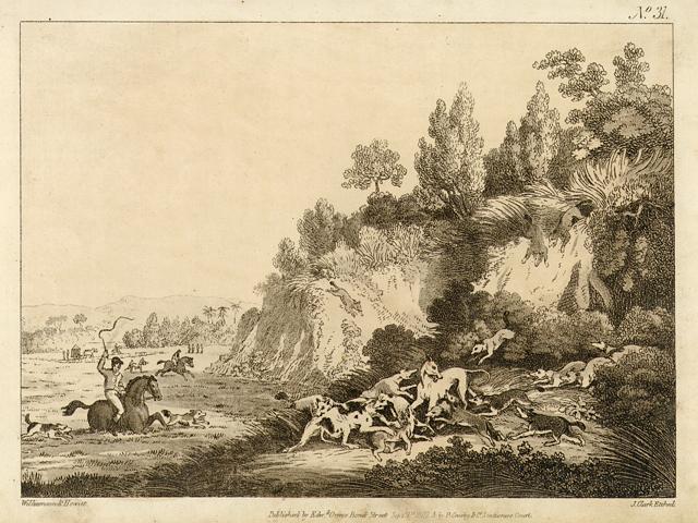 India, Jackals Rescuing a Hunted Brother, by Howitt, 1808