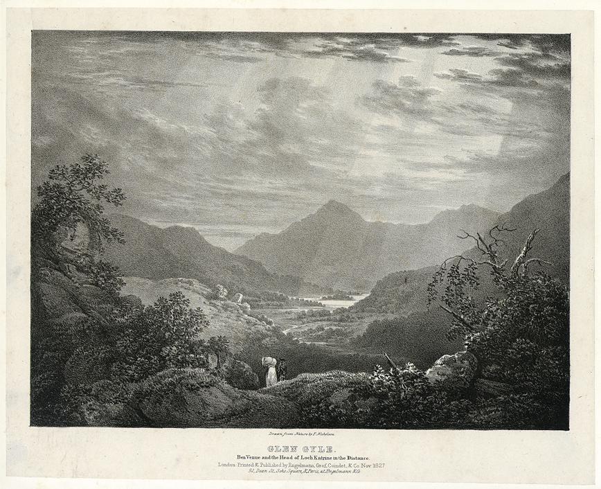 Scotland, Glen Gyle with Loch Katrine, fine stone lithograph by F.Nicholson, 1828