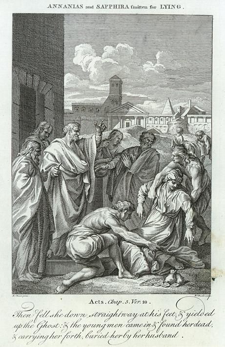 Annanias & Sapphira smitten for Lying, Howard's Bible, 1762