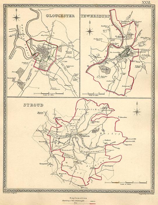 Gloucestershire town plans (Gloucester, Tewkesbury & Stroud), 1835