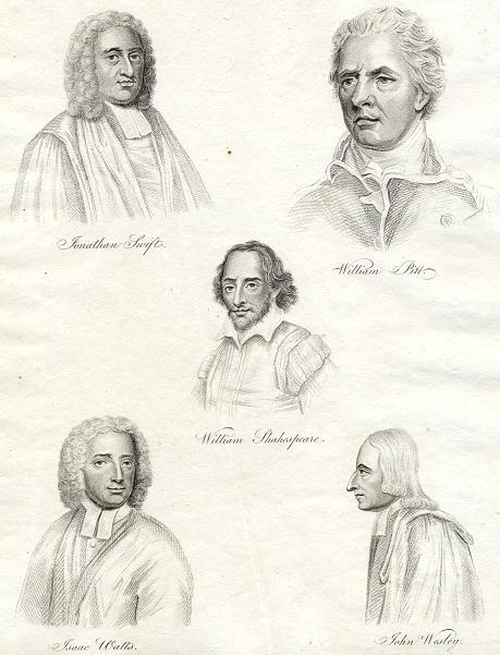 Portraits - Shakespeare, Swift, Pitt, Watts & Wesley, 1811