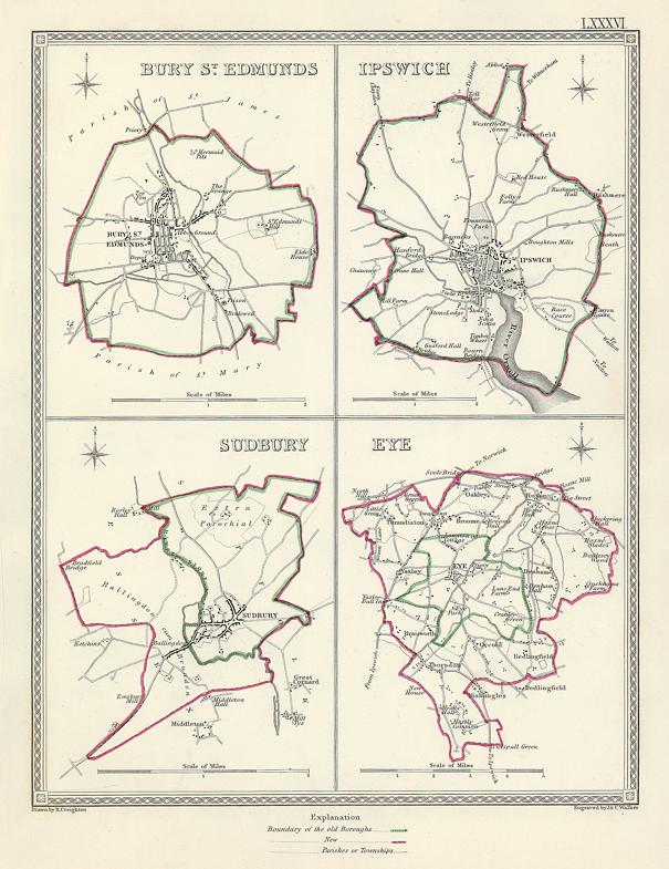 Suffolk - Bury St.Edmunds, Ipswitch, Sudbury & Eye town plans, 1835