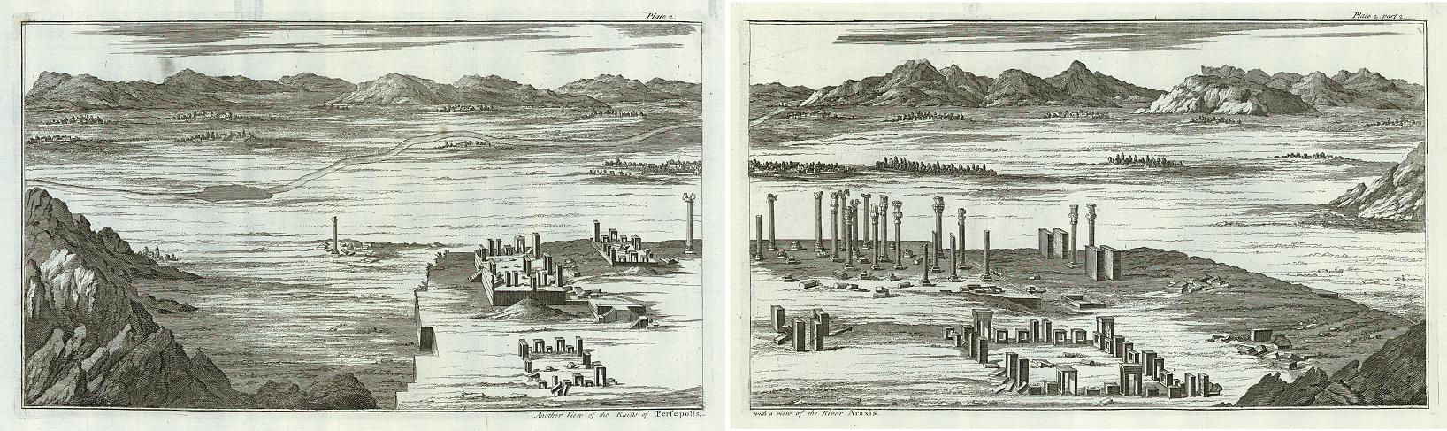 Persepolis, view of the ruins on two engravings, 1744