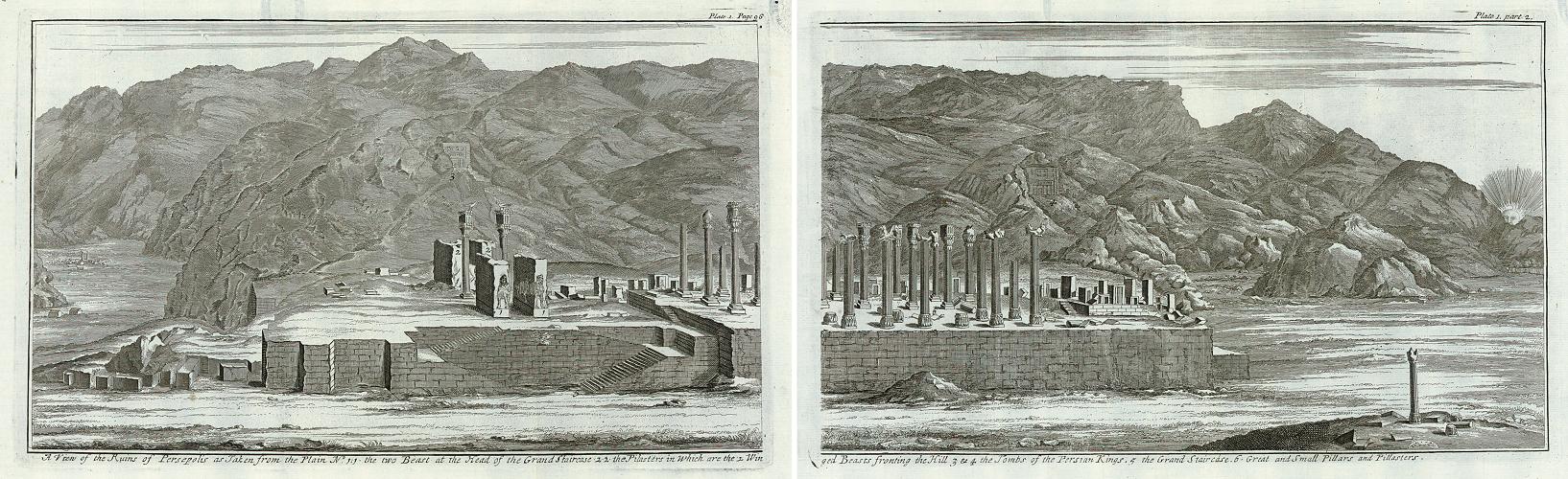 Persepolis, view of the ruins on two engravings, 1744