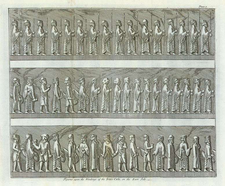 Iran, Persepolis, Carved figures on the Staircase, 1744