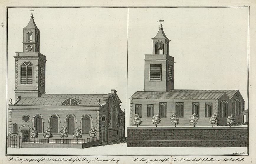 London, St.Mary Aldermanbury & Alhallows on London Wall, 1790