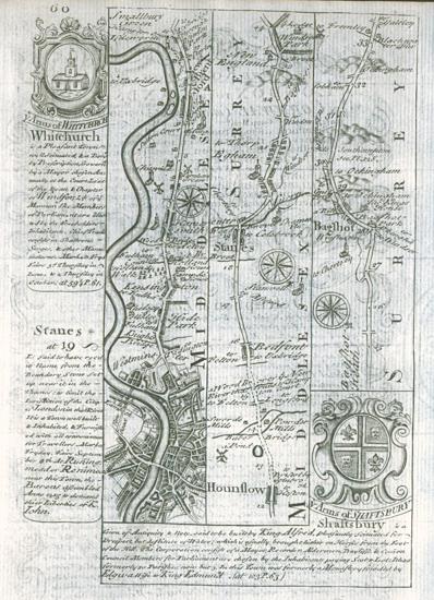 Middlesex / Surrey, route map with London, Brentford, Staines & Bagshot, by Owen / Bowen, 1764