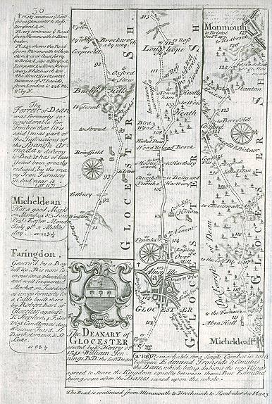 Gloucestershire, route map with Birdlip Hill, Gloucester, Longhope & Monmouth, 1764