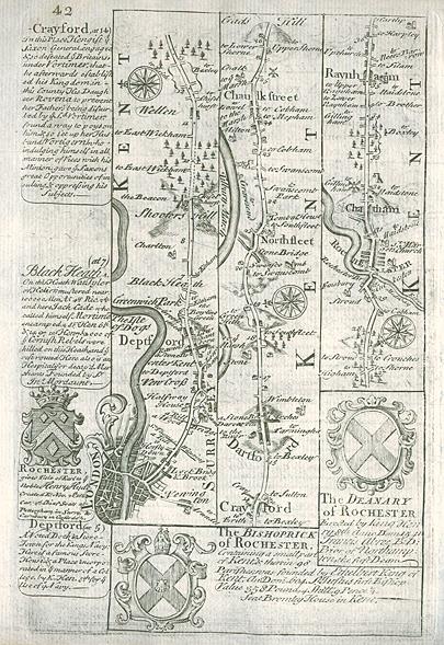 Kent, route map with London, Deptford, Dartford, Chatham & Rainham, 1764