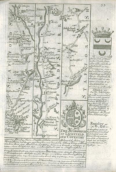 Staffordshire, route map with Lichfield, Rugeley, Stone and Stableford Bridge, 1764