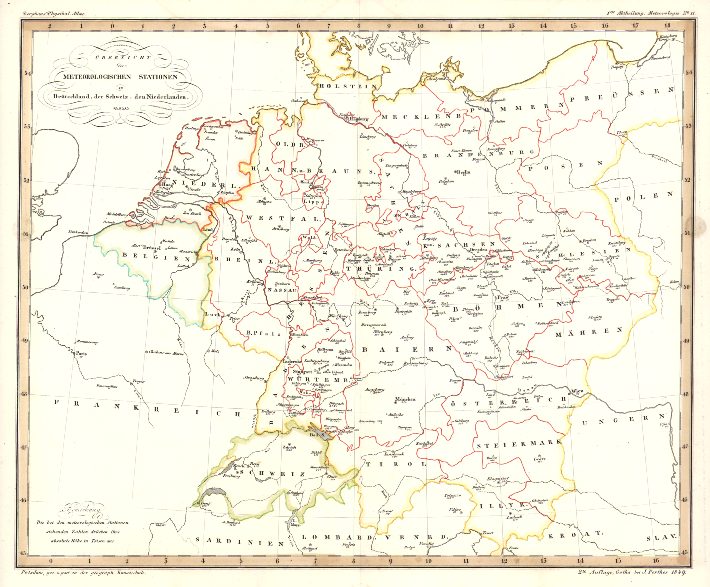 Germany, meterological stations, Berghaus Physik Atlas, 1852