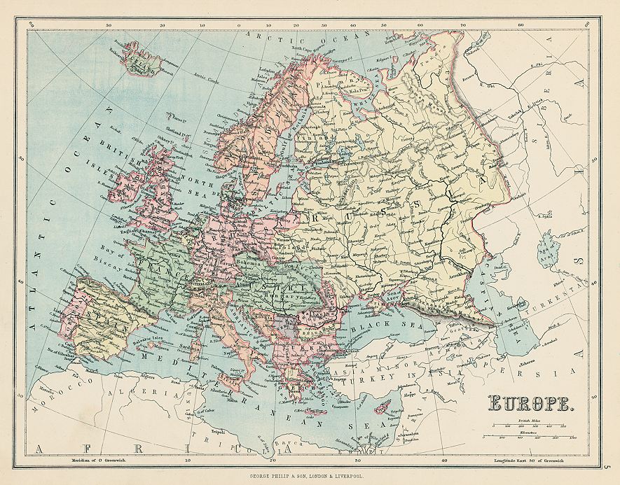 Old and antique prints and maps: Europe map, 1875, Europe, antique maps