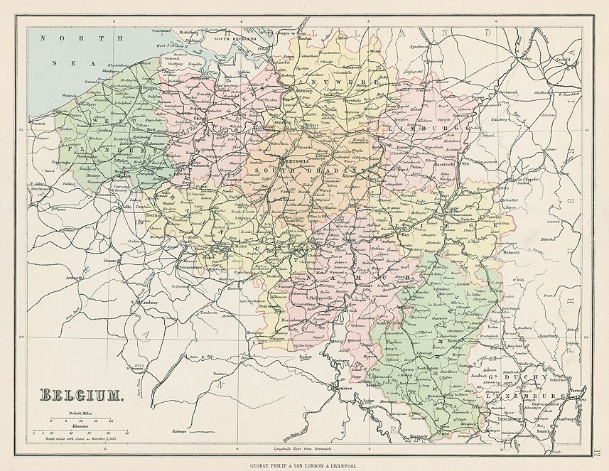 Old and antique prints and maps: Belgium map, 1875, Europe, antique maps