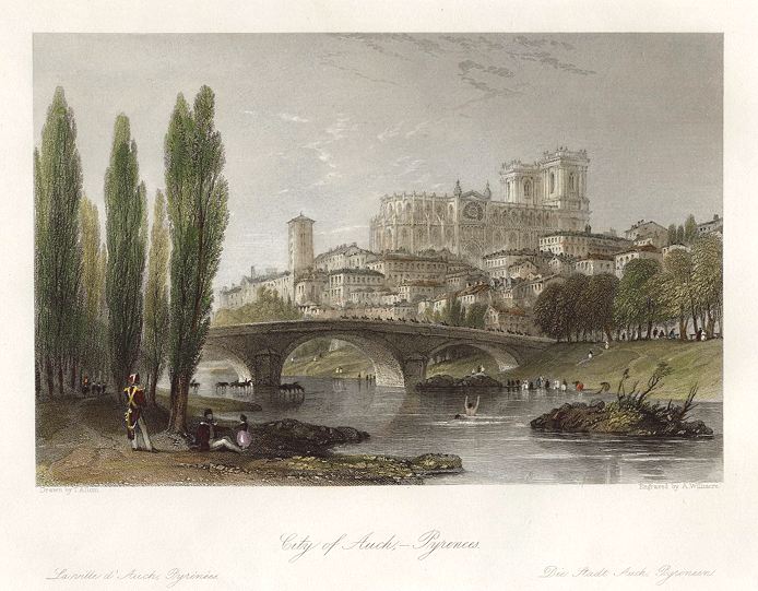 Old and antique prints and maps: France, Pyrenees, City of Auch, 1840 ...