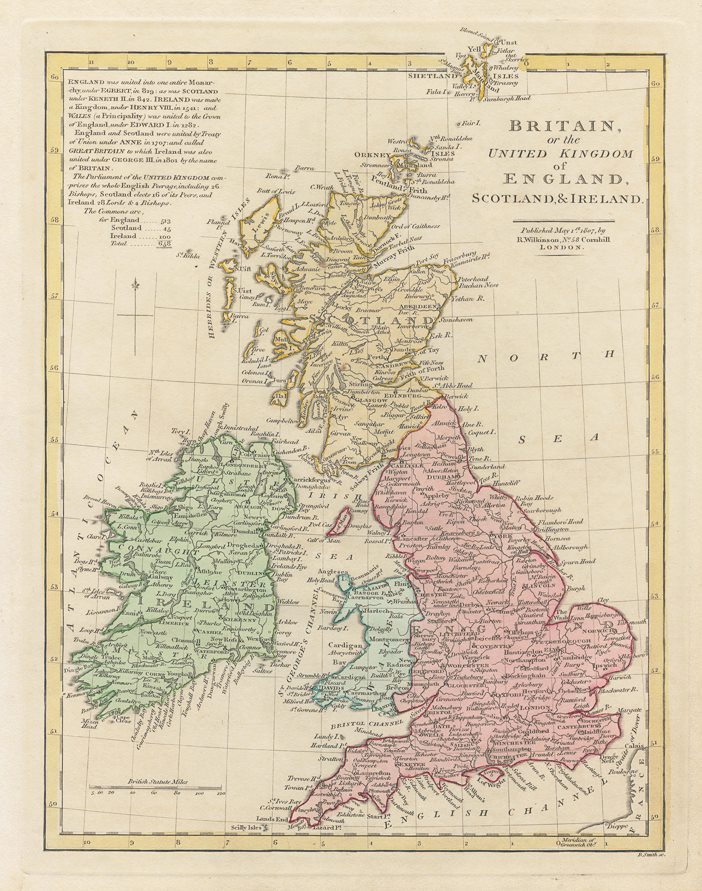 Old and antique prints and maps: British Isles map, 1807, UK, antique maps